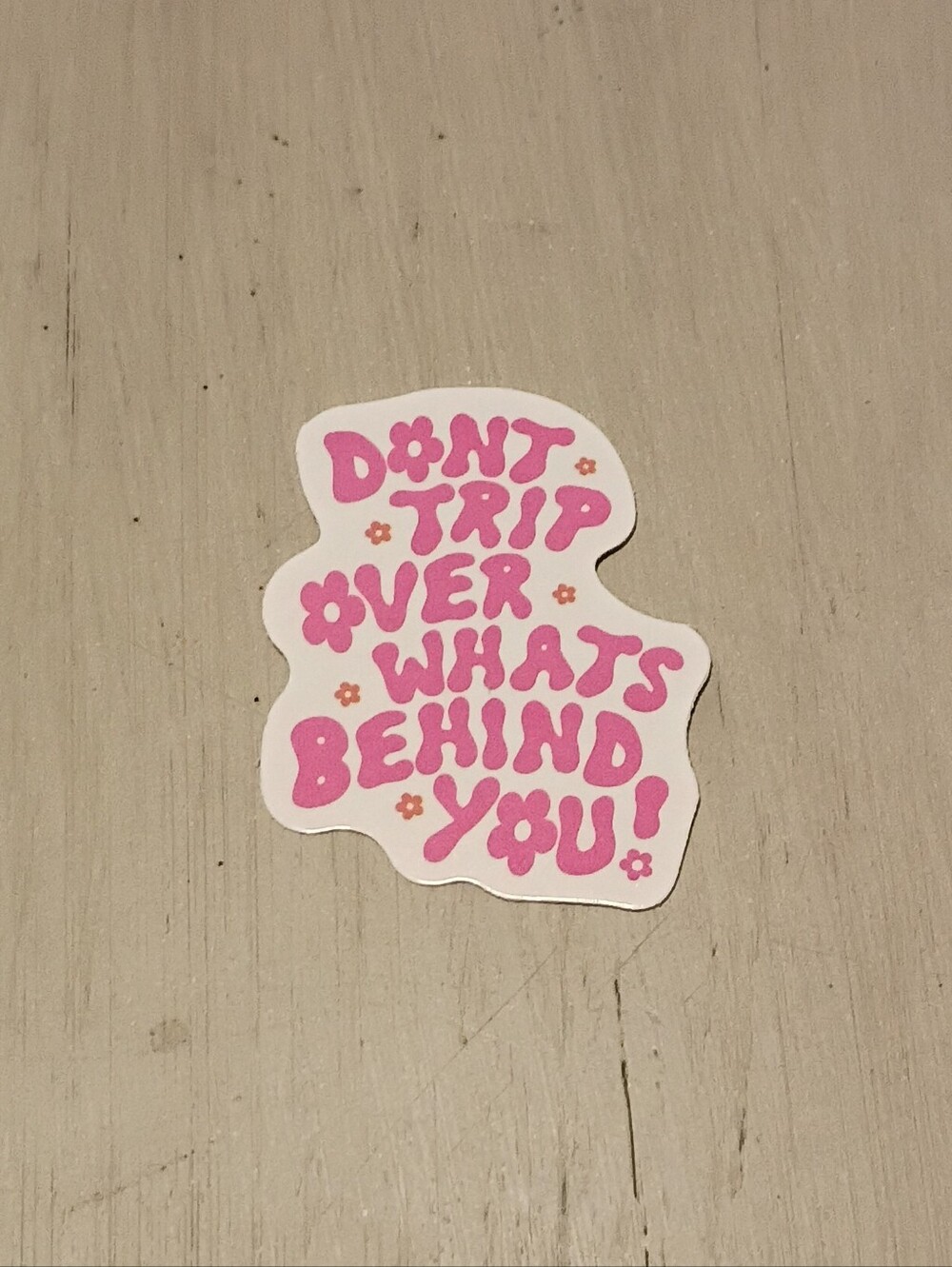 10/$10 Sticker Decal - Don't Trip Over What's Behind You! Pink Text Flowers O's